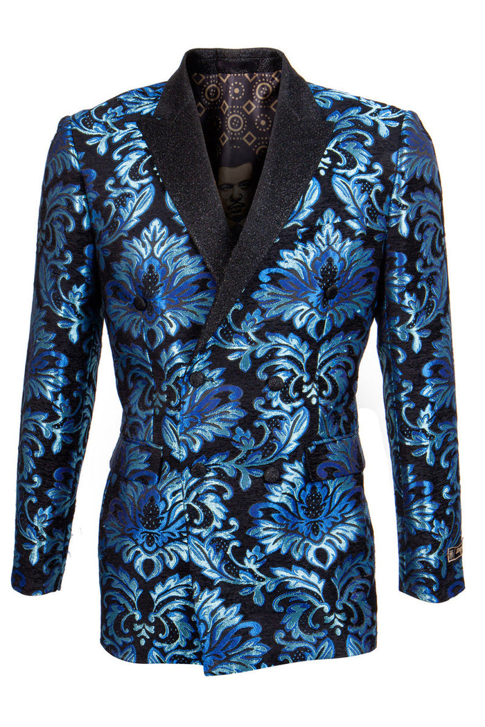 "Turquoise Floral Brocade Men's Double Breasted Tuxedo Jacket"