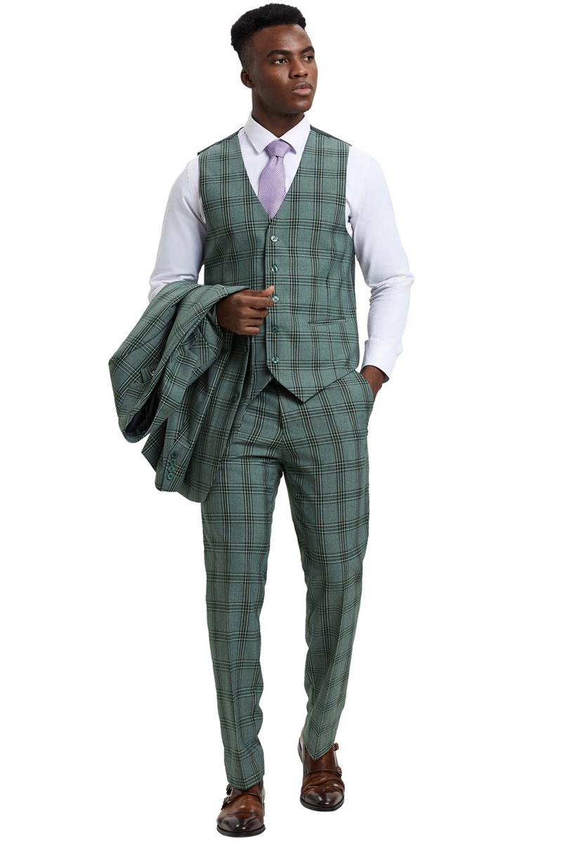 Men's Stacy Adams Two Button Vested Glen Plaid Check Suit in Light Olive Green - 38 Regular