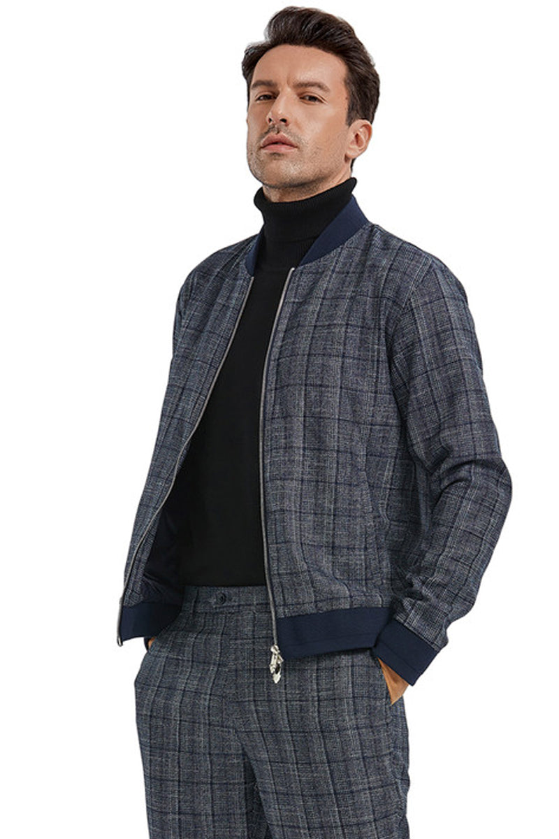 Plaid Men's Casual Track Suit Navy Walking Jacket Pant Set