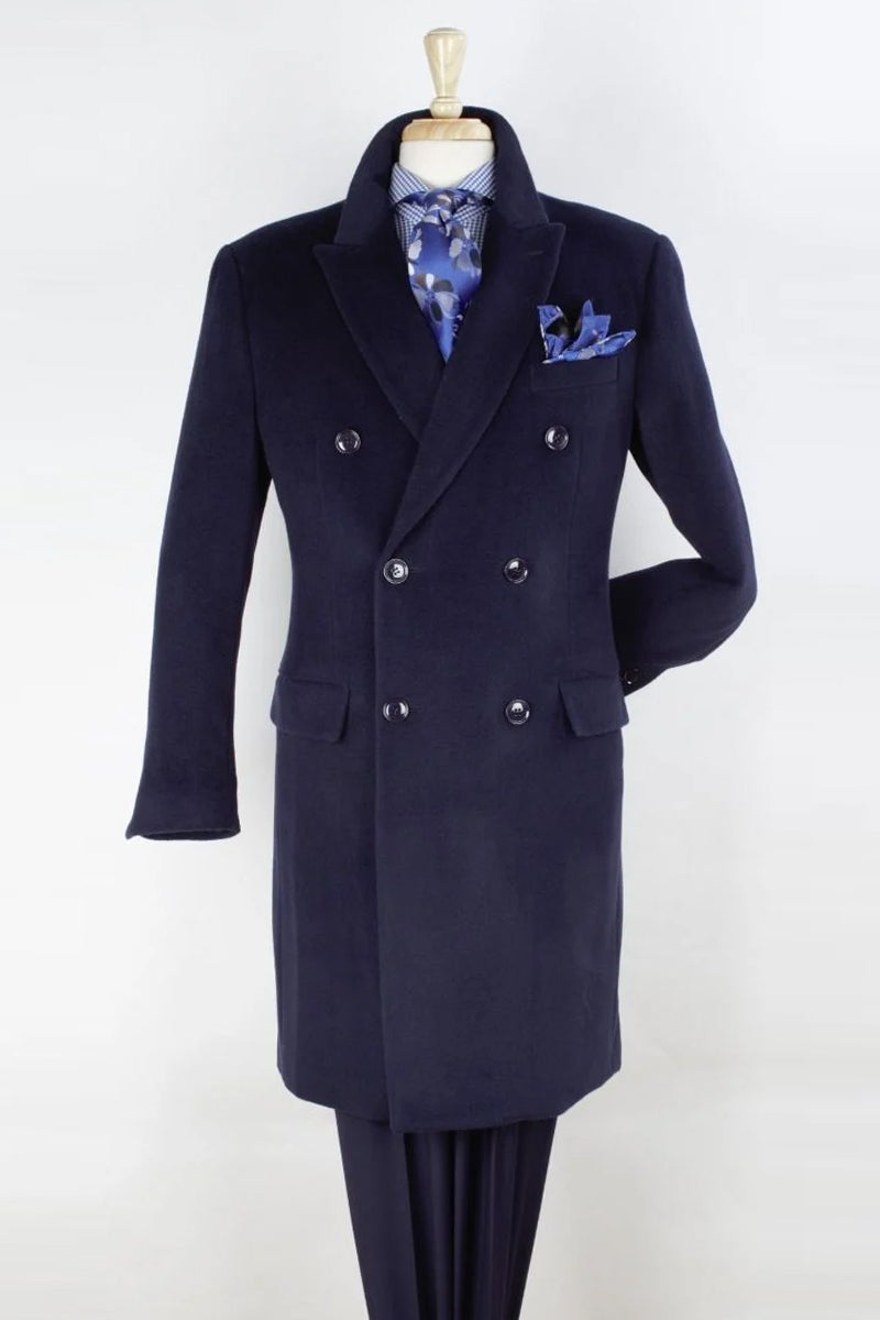 "Navy Men's Double Breasted Wool Overcoat - Three Quarter Length"