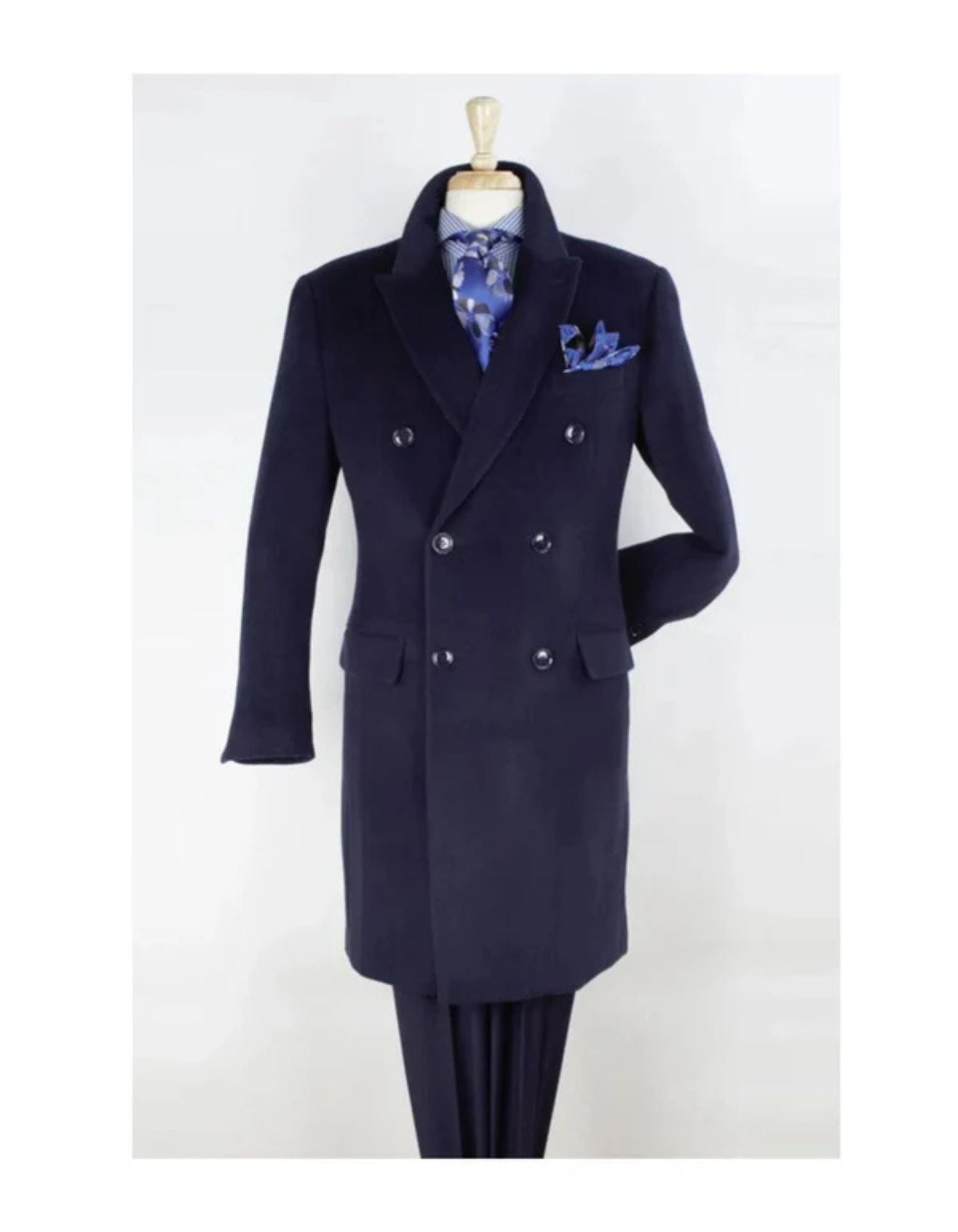 "Navy Men's Double Breasted Wool Overcoat - Three Quarter Length" - Small