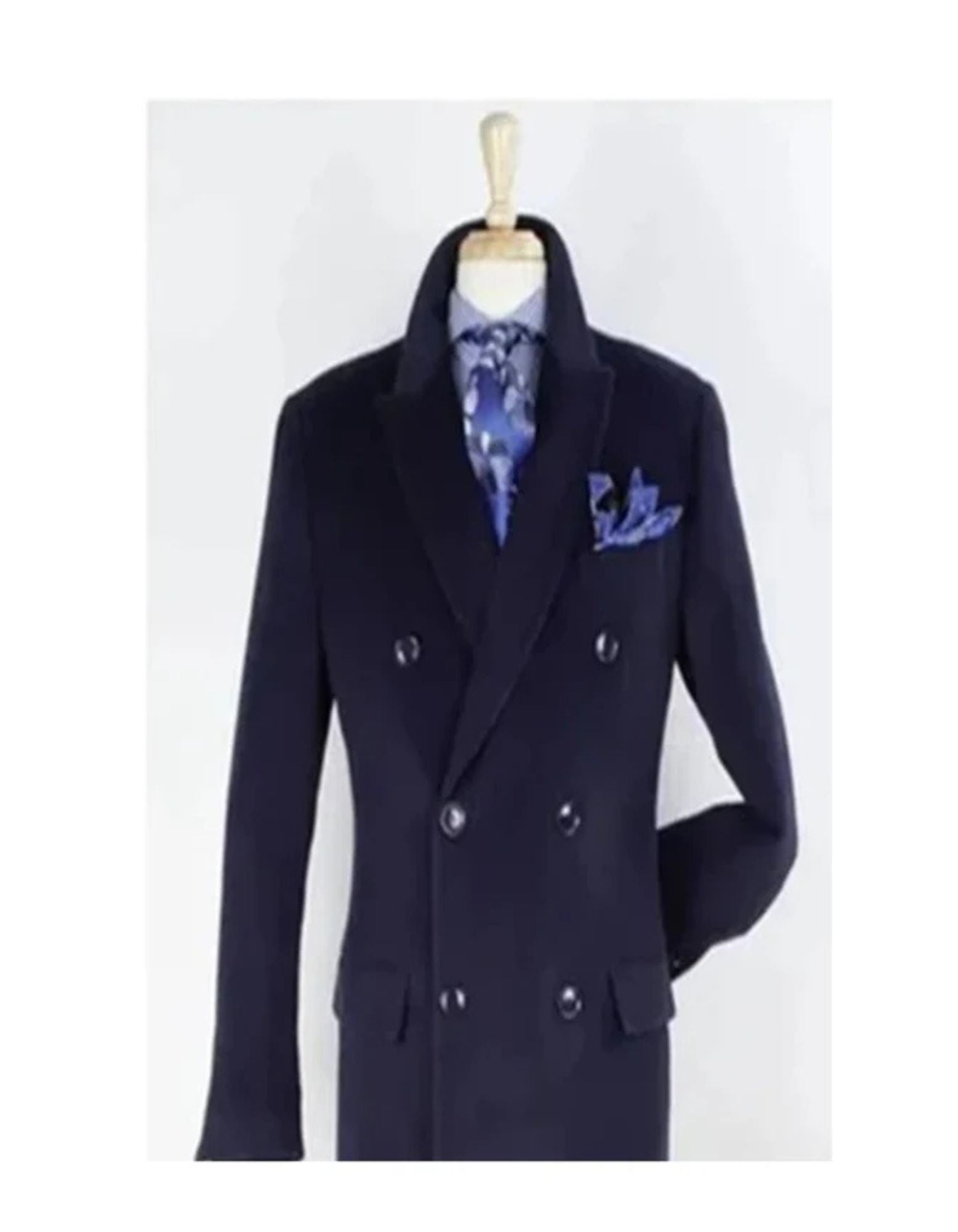 "Navy Men's Double Breasted Wool Overcoat - Three Quarter Length" - Small