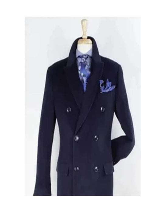 "Navy Men's Double Breasted Wool Overcoat - Three Quarter Length"