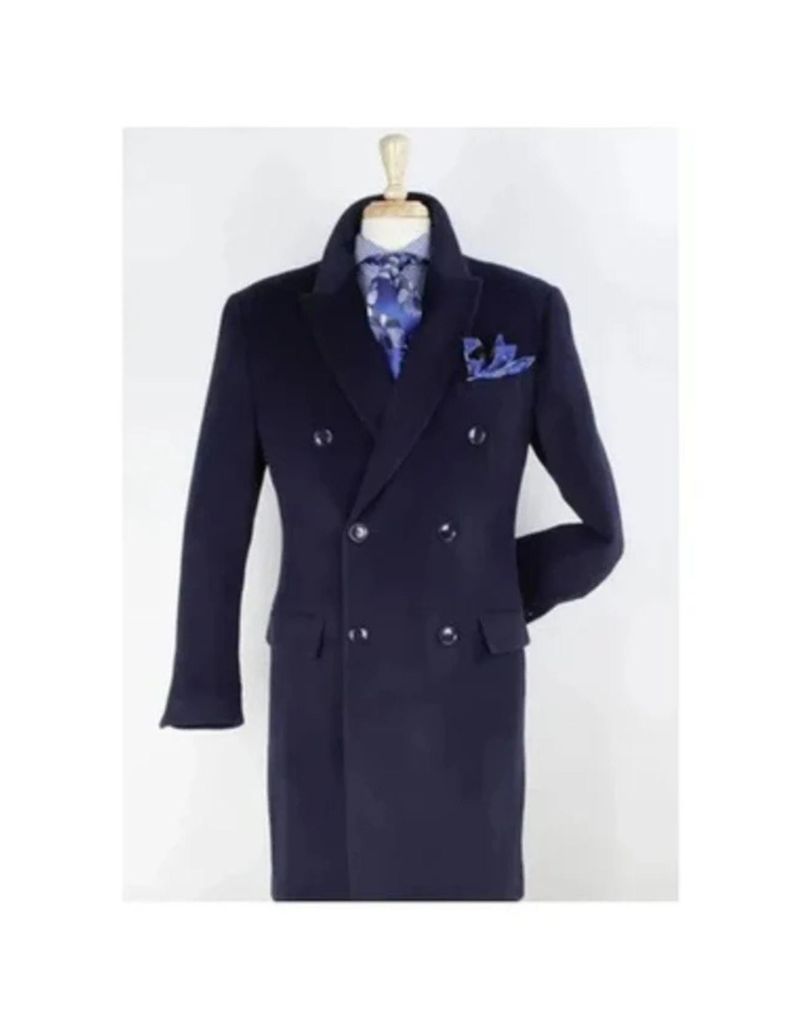 "Navy Men's Double Breasted Wool Overcoat - Three Quarter Length" - Small