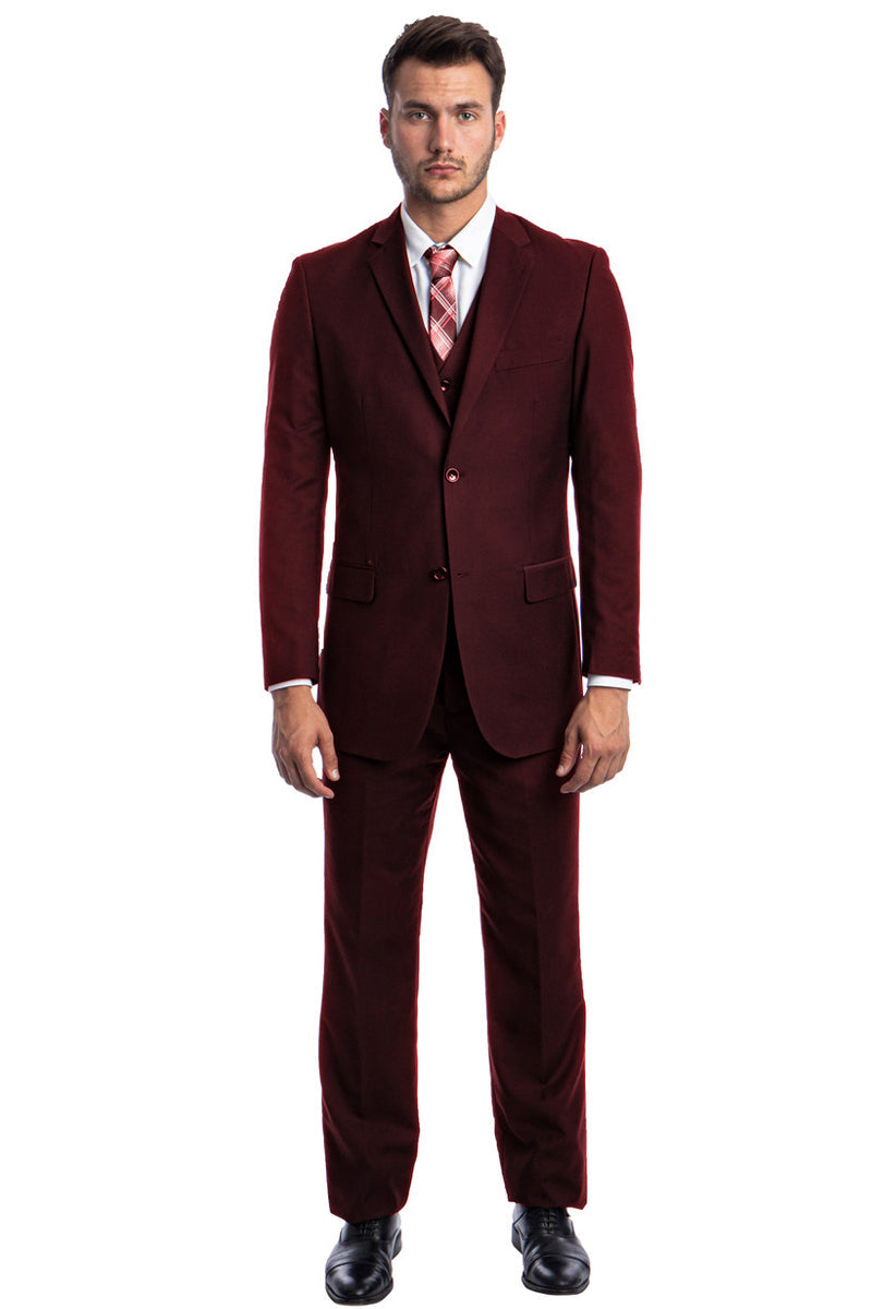 "Burgundy Men's Two Button Wedding & Business Suit with Vest"