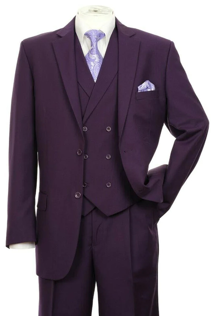 "Men's Purple 2-Button Suit with Double Breasted Vest - Pleated Pants"