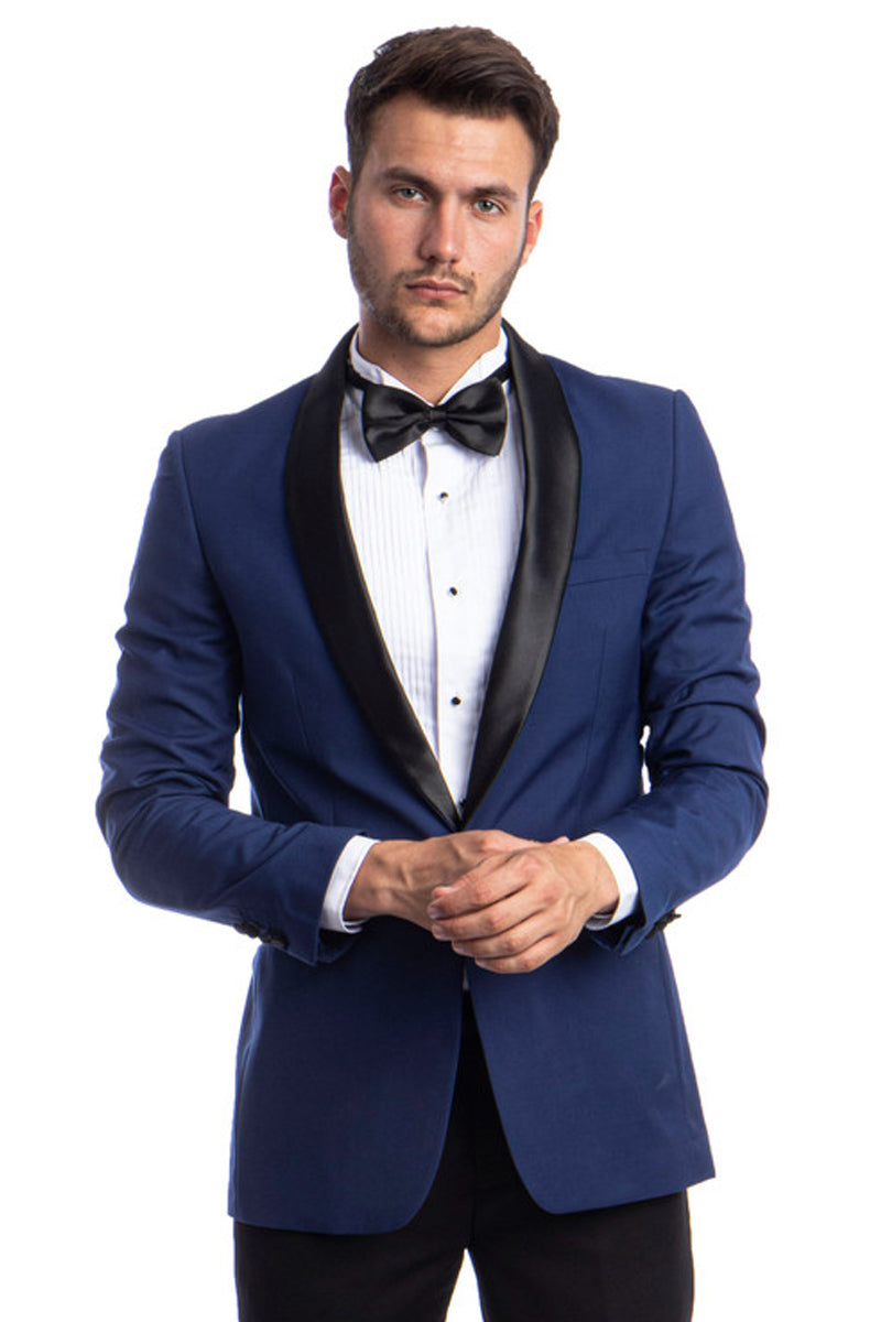 "Blue Men's Skinny Fit Shawl Tuxedo - One Button Prom Suit"