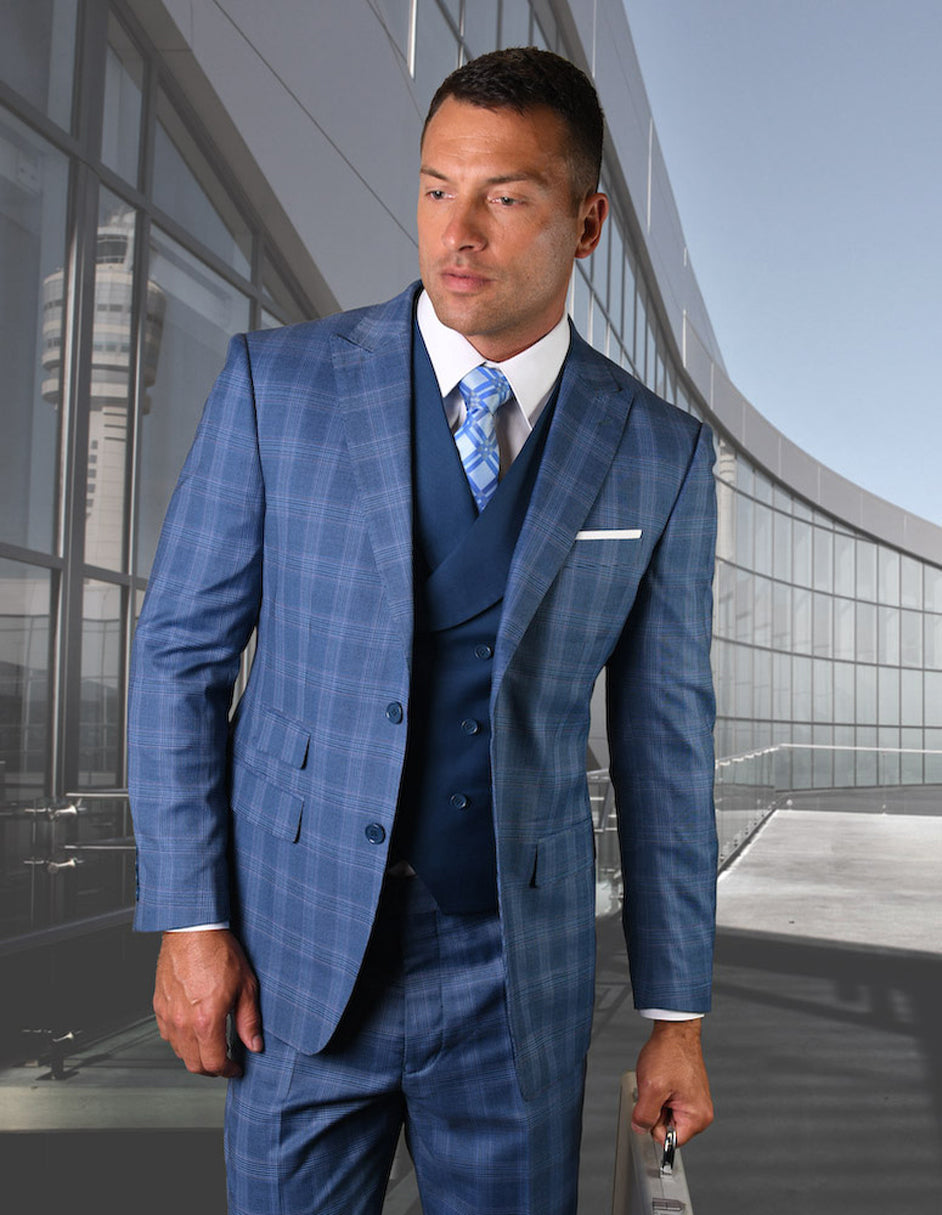Mens 2 Button Vested Wide Peak Lapel Suit in Indigo Plaid - 38 Short