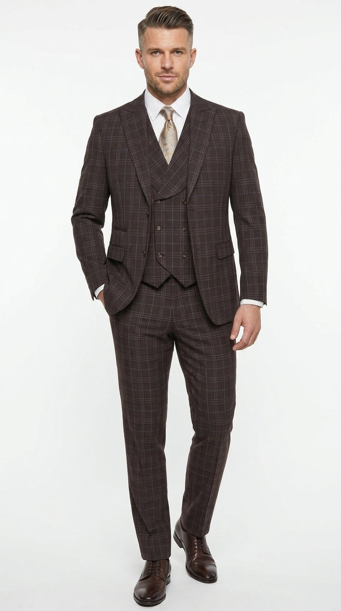 Men’s Vitali 3PC Suit – Choclate Brown and blue Plaid Check 3-Piece Suit with Double-Breasted Vest Modern Fit Side Vented