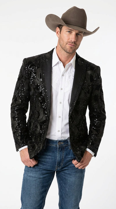 Men’s Black Sequin Western Blazer – Embroidered Cowboy Tuxedo Jacket with Rhinestone Lapels