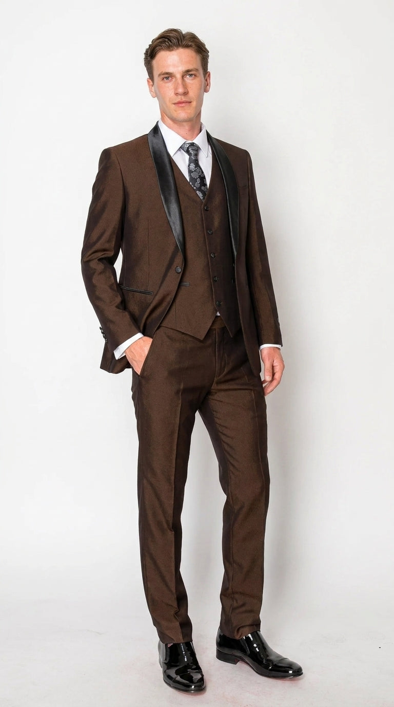 Men’s Chocolate Brown 3-Piece Tuxedo Suit with Black Satin Shawl Lapel – Shawl Collar Vested