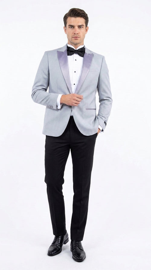 Men’s Silver Grey Dinner Jacket with Black Pants – Formal Wedding Prom Tuxedo Blazer Outfit Suit