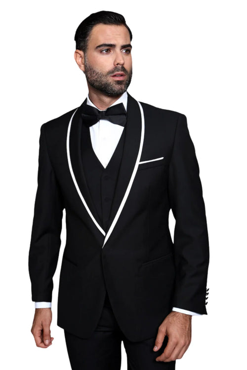 3-Piece Tailored Fit Wool Suit with Bow Tie and Flat Front Pants - Black