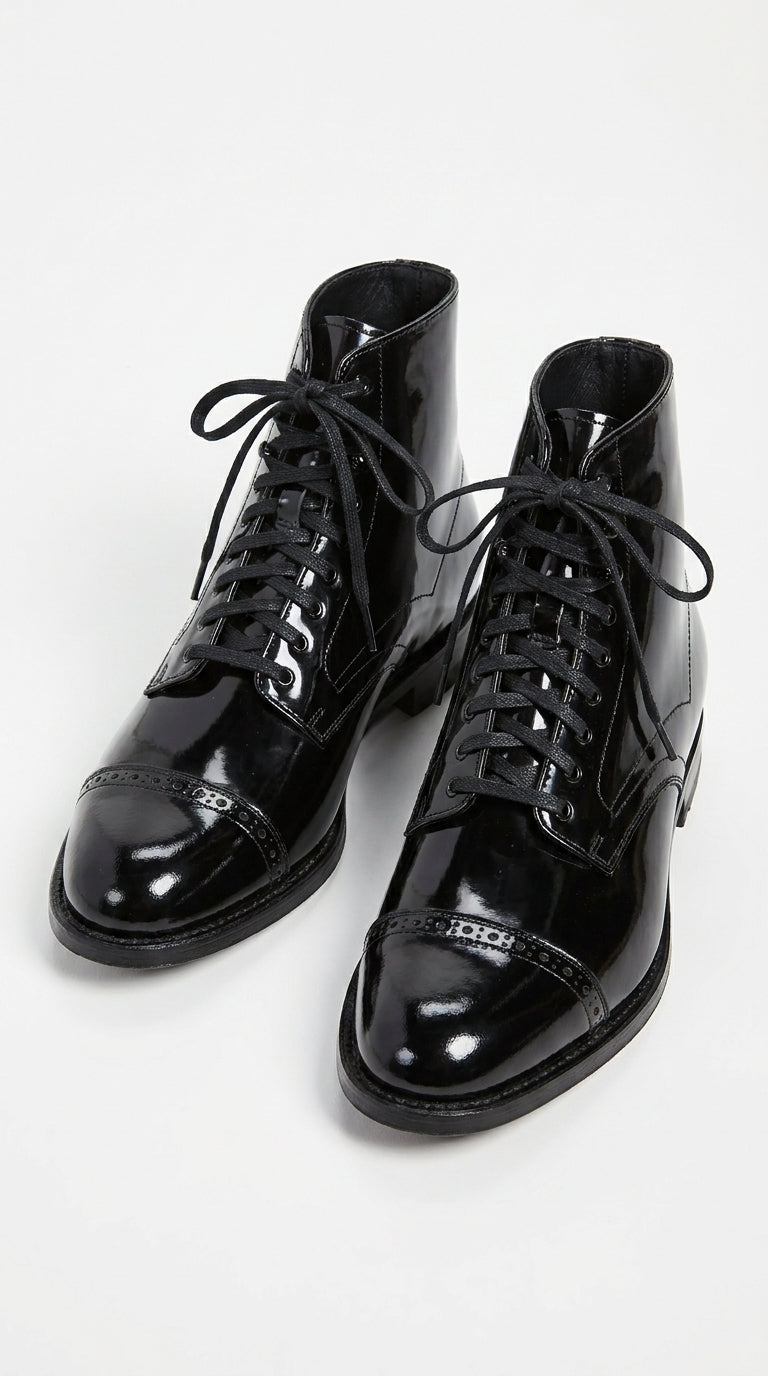 Men’s Black Lace-Up Leather Dress Boots – Vintage 1920s Peaky Blinders Cap Toe Boots in black color