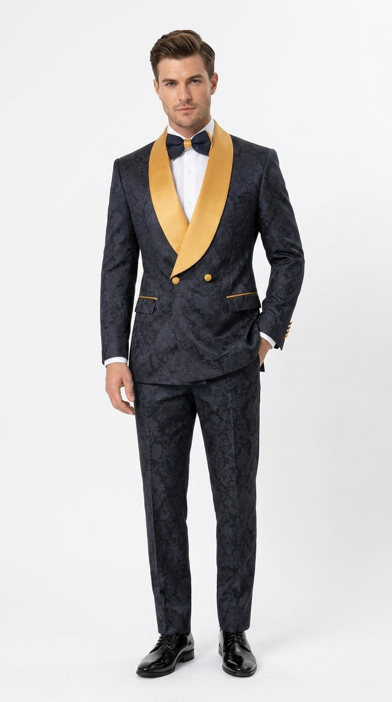 Men’s Black and Gold Hollywood Tuxedo – Double-Breasted Shawl Lapel Prom, Wedding and Formal Suit - 34 Short or Extra Small