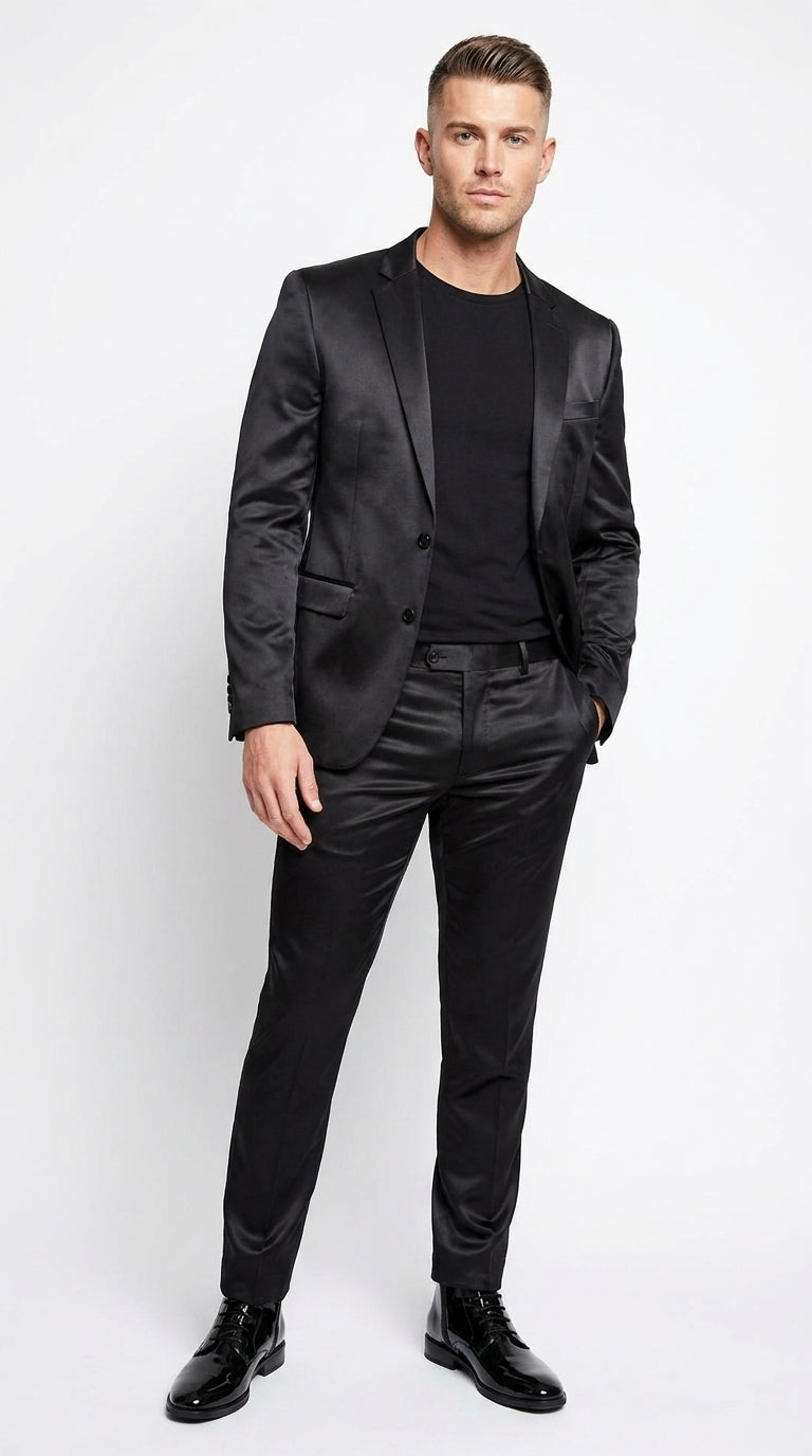 Men’s Black Shiny Sharkskin 2 Piece Suit, Formal Wedding Prom Party Dress Suit - 34 Short or Extra Small