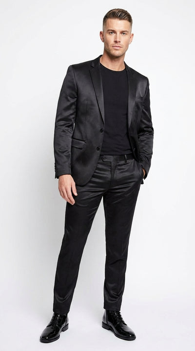 Men’s Black Shiny Sharkskin 2 Piece Suit, Formal Wedding Prom Party Dress Suit