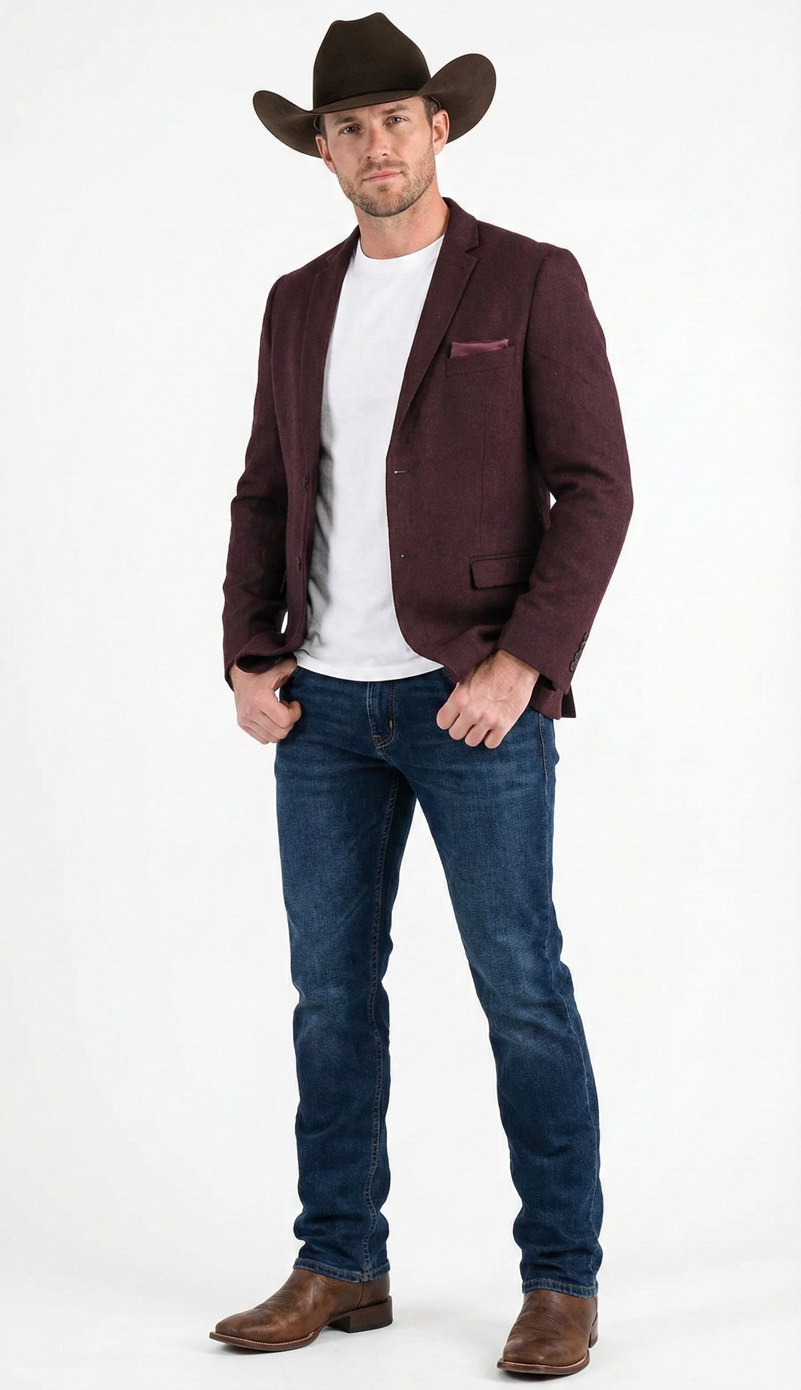 Men’s Burgundy Western  Blazer Jacket, Textured Cowboy Style Sport Coat for  - Tweed Herringbone Maroon Color - 36 Short