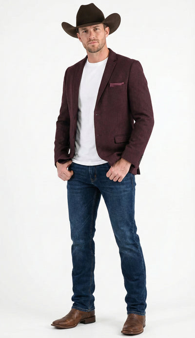 Mens Burgundy Western  Blazer Jacket, Textured Cowboy Style Sport Coat for  - Tweed Herringbone Maroon Color