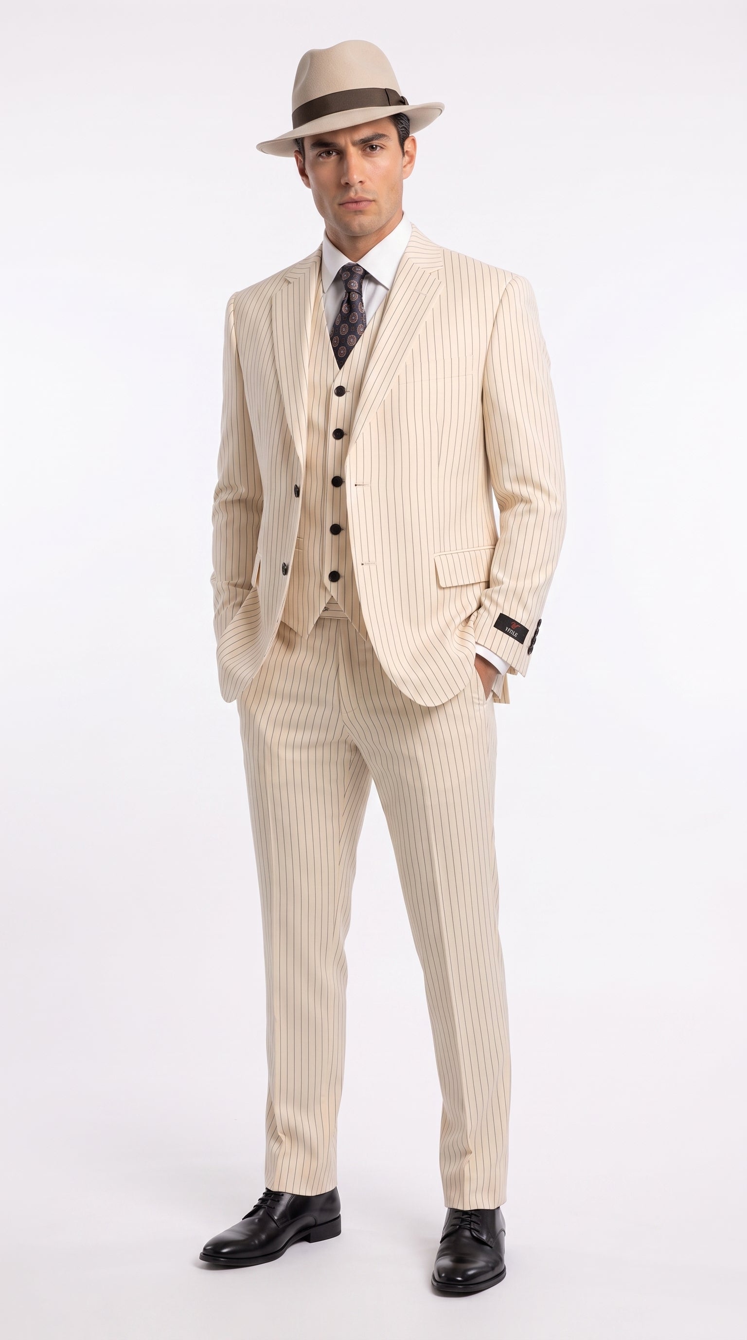 Men’s Ivory Cream Pinstripe Scarface Suit – Vintage Gangster Modern Fit 3-Piece Wedding Suit - 34 Short or Extra Small