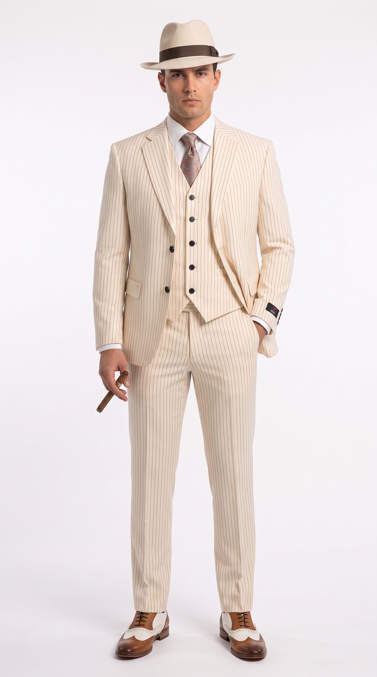 Men’s Ivory Cream Pinstripe 3-Piece Suit – 1920s Gangster Gatsby Wedding and Formal Suit - 34 Short or Extra Small