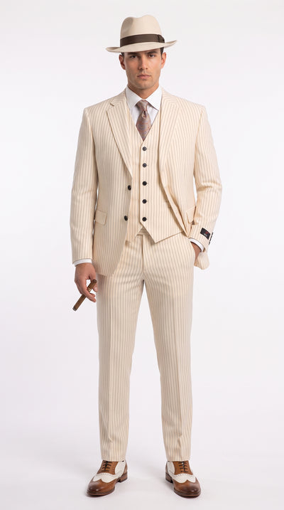 Men’s Ivory Cream Pinstripe 3-Piece Suit – 1920s Gangster Gatsby Wedding and Formal Suit