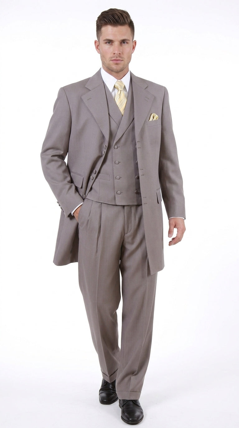 Men’s Light Kahki Sand 3-Piece Suit – Six-Button Jacket with Double-Breasted Vest and Pleated Pants Tan Color