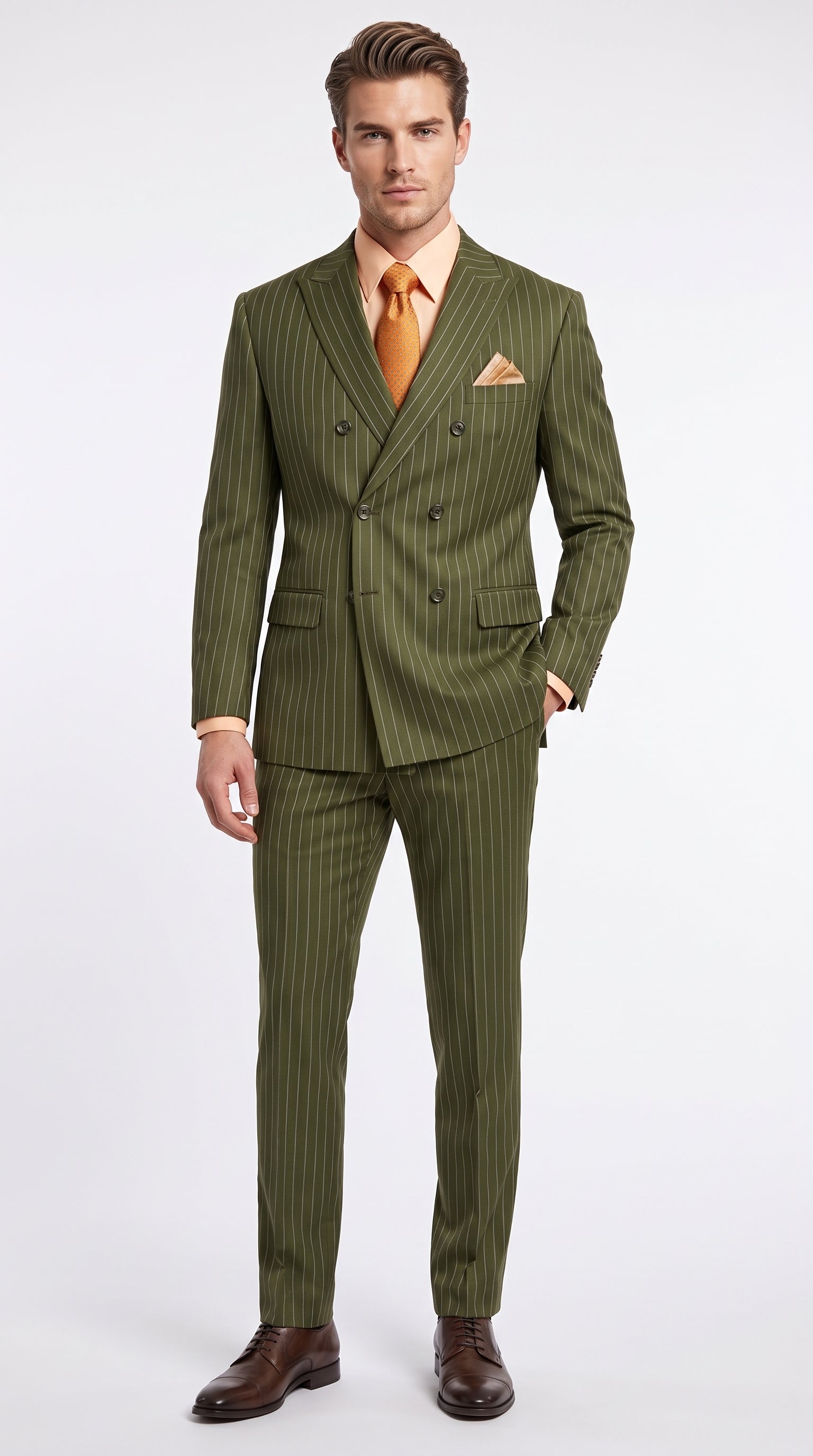 Men’s Olive Green Pinstripe Double-Breasted Suit – Classic Wedding, Business and Formal Suit - 34 Short or Extra Small
