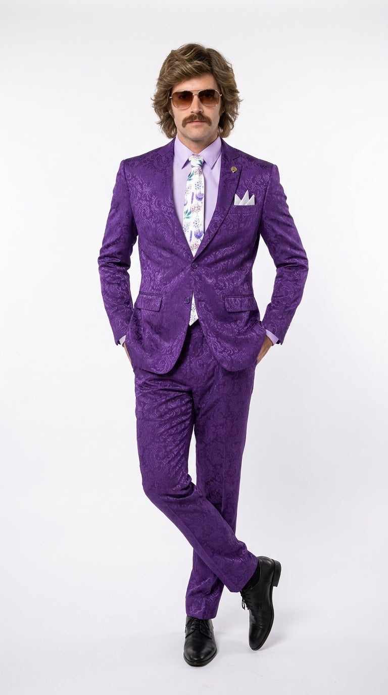 Men’s Purple Paisley 2-Piece Suit – 1970s Disco, Retro Rockabilly, Prom and Party Suit - 34 Short or Extra Small