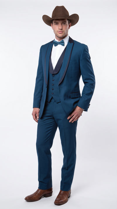 Men’s Teal Blue Western Tuxedo Suit, 3 Piece Cowboy Formal Wedding Prom Suit with Black Shawl Lapel Saphire