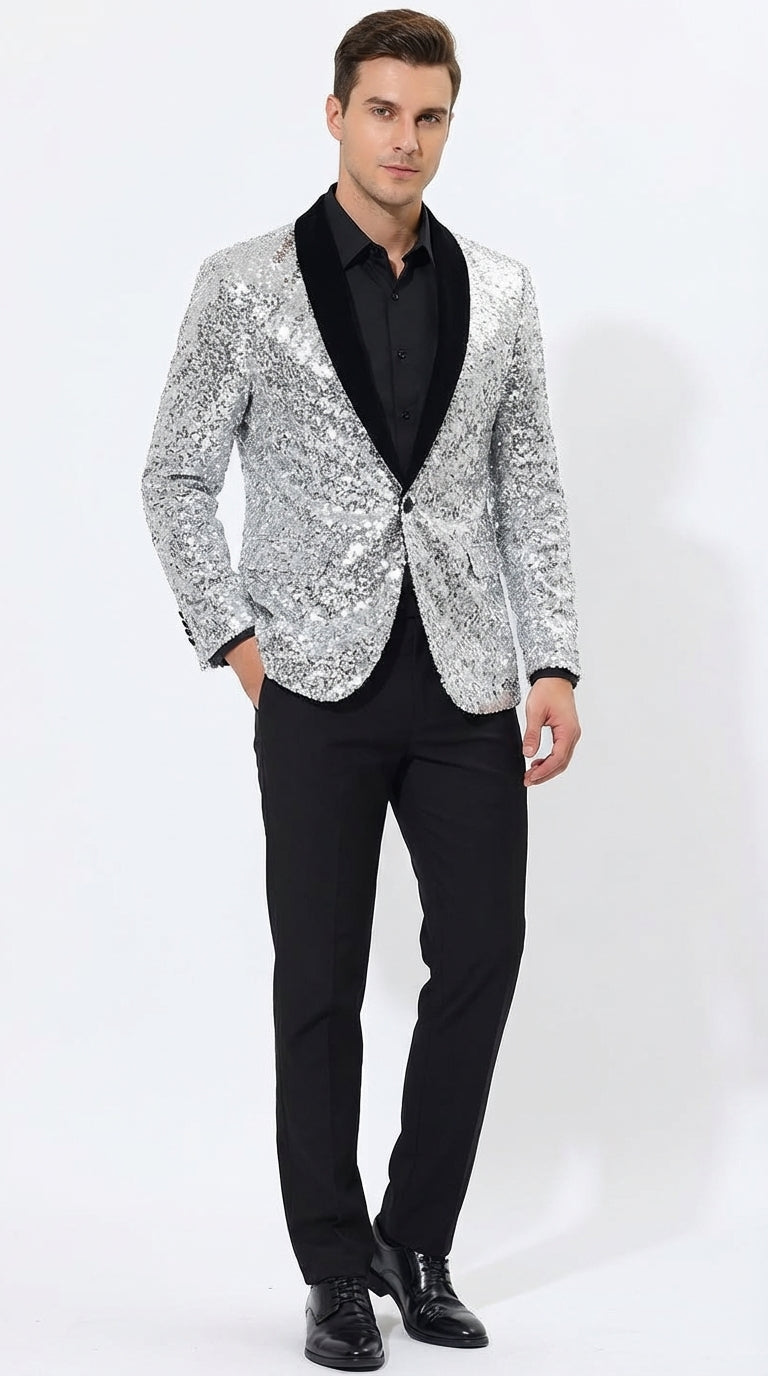 Men’s Silver Sequin Blazer Disco Style Jacket – Black Lapel Party Blazer, Shiny Evening Wear, 70s Dance Outfit, Formal Event Jacket - 34 Short