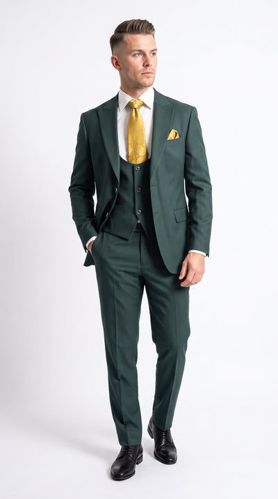 Mens Vitali 3 Piece Suit W/Scoop Vest Hunter Green 3-Piece Suit –, Big Peak Lapel  Vest and Pants  Modern Fit Two Buttons
