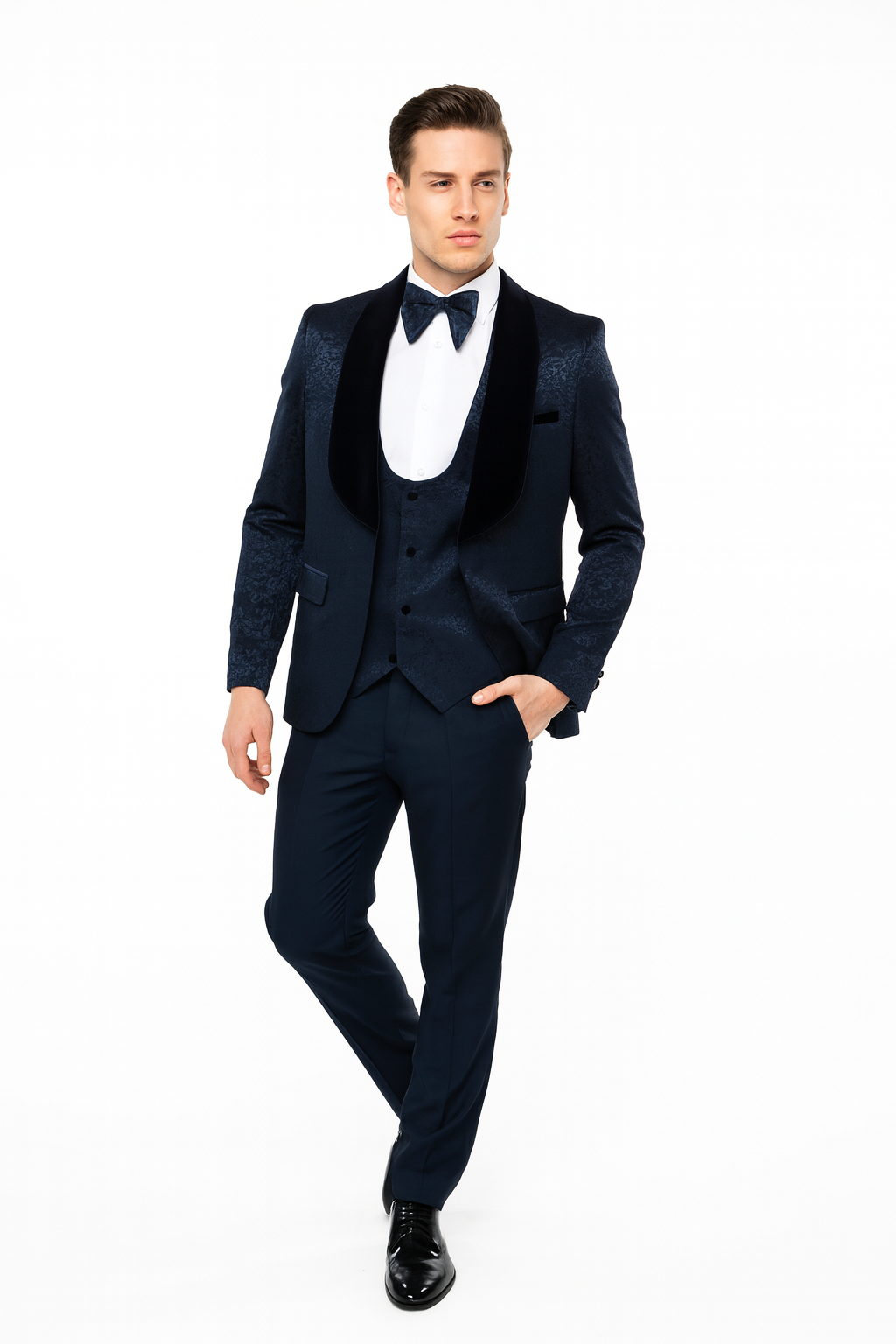Men’s Navy Blue Jacquard Tuxedo with Black Velvet Shawl Lapel – 3 Piece Formal Suit with Bow Tie - S