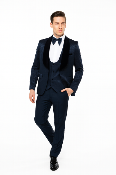 Mens Navy Blue Jacquard Tuxedo with Black Velvet Shawl Lapel, 3 Piece Formal Suit with Bow Tie