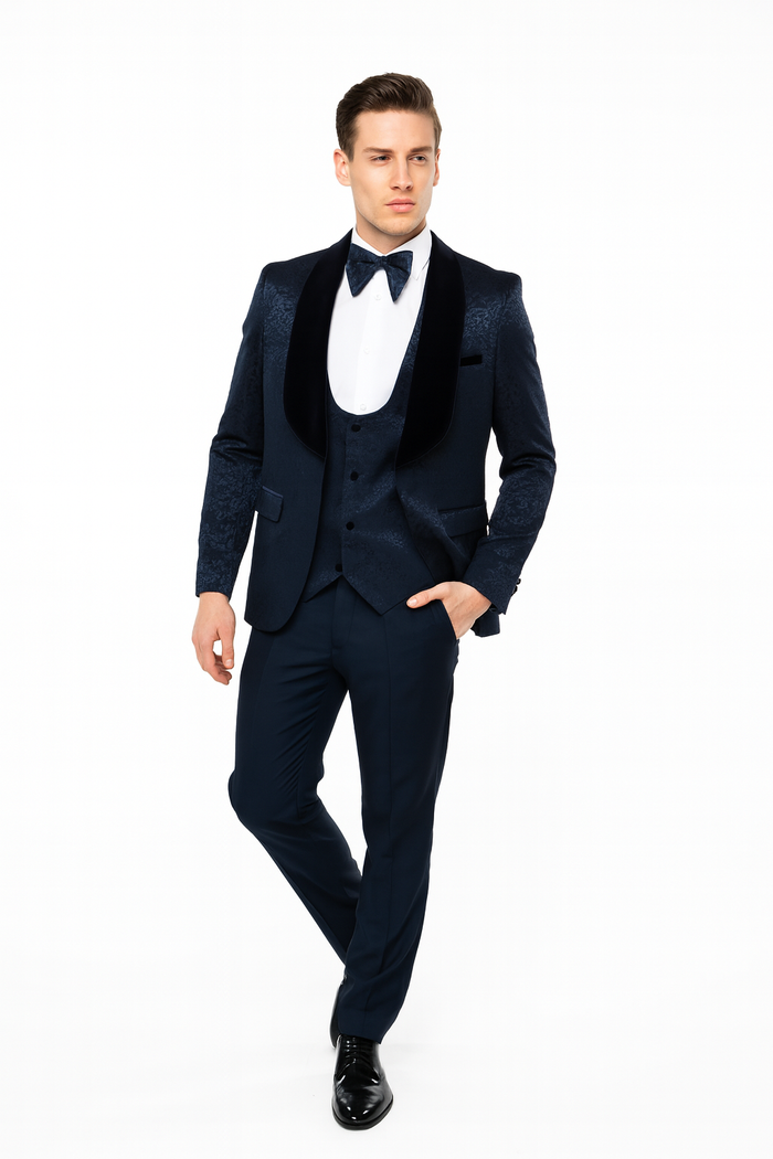 Mens Navy Blue Jacquard Tuxedo with Black Velvet Shawl Lapel, 3 Piece Formal Suit with Bow Tie