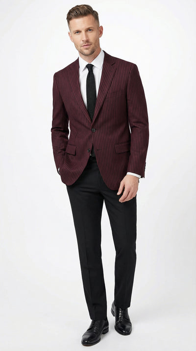 Mens Burgundy Pinstripe Blazer Classic Tailored Formal Jacket for Business, Office and Evening Wear