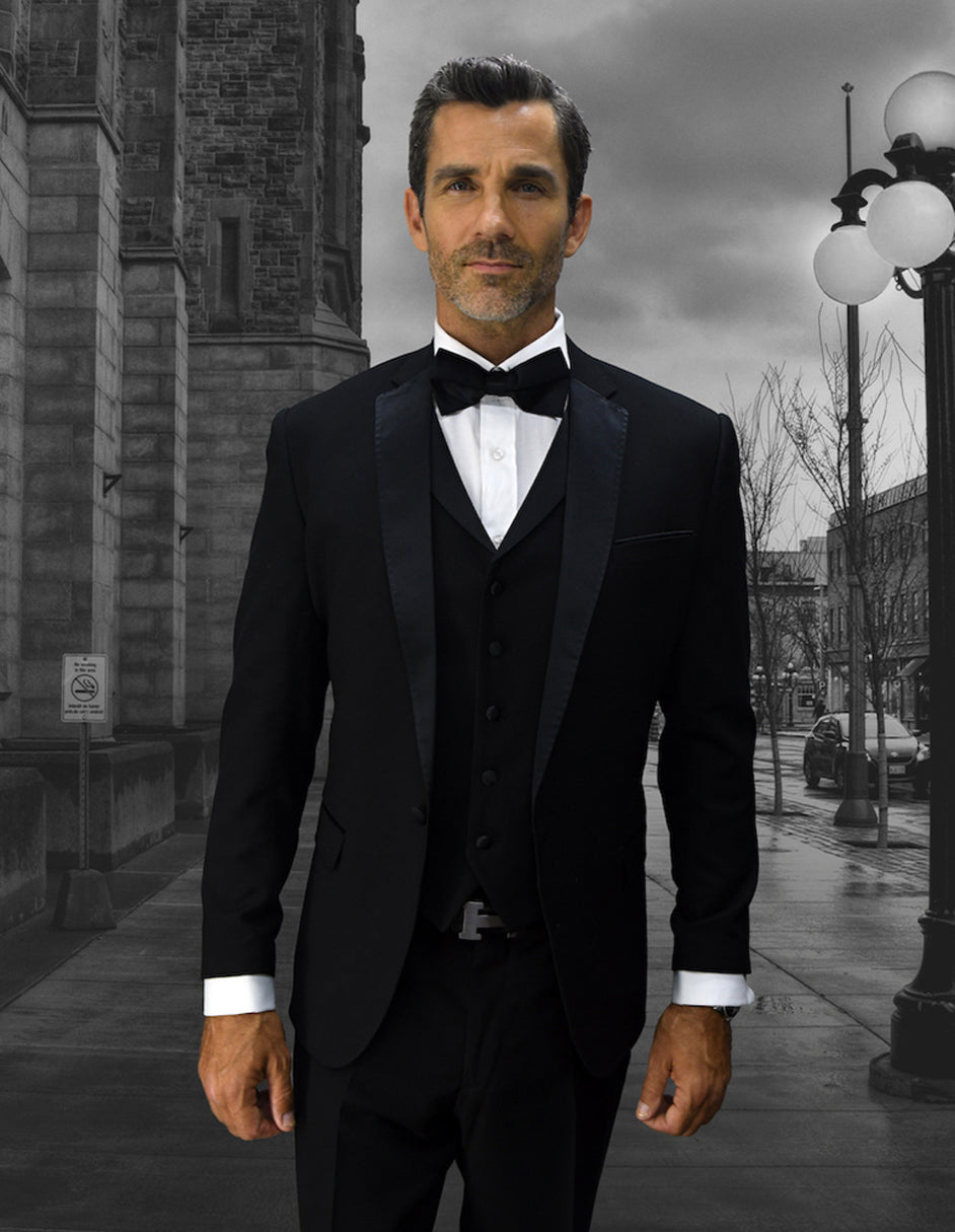 Mens Vested One Button Notch Lapel Wool Tuxedo in Black - 36 Short