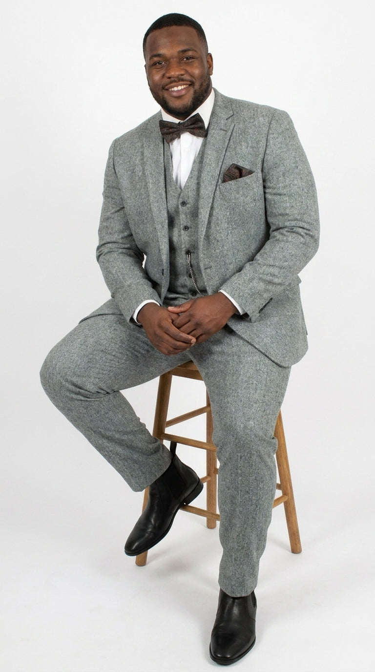 Men’s Grey Edwardian 3 Piece Suit – Vintage Victorian Wedding Suit with Vest Herringbone Tweed Fabric