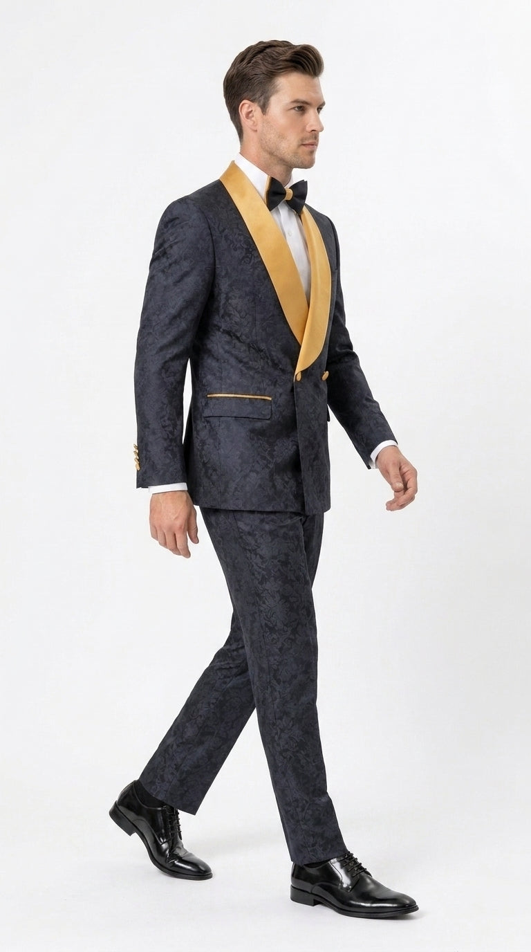 Men’s Black and Gold Hollywood Tuxedo – Double-Breasted Shawl Lapel Prom, Wedding and Formal Suit - 34 Short or Extra Small