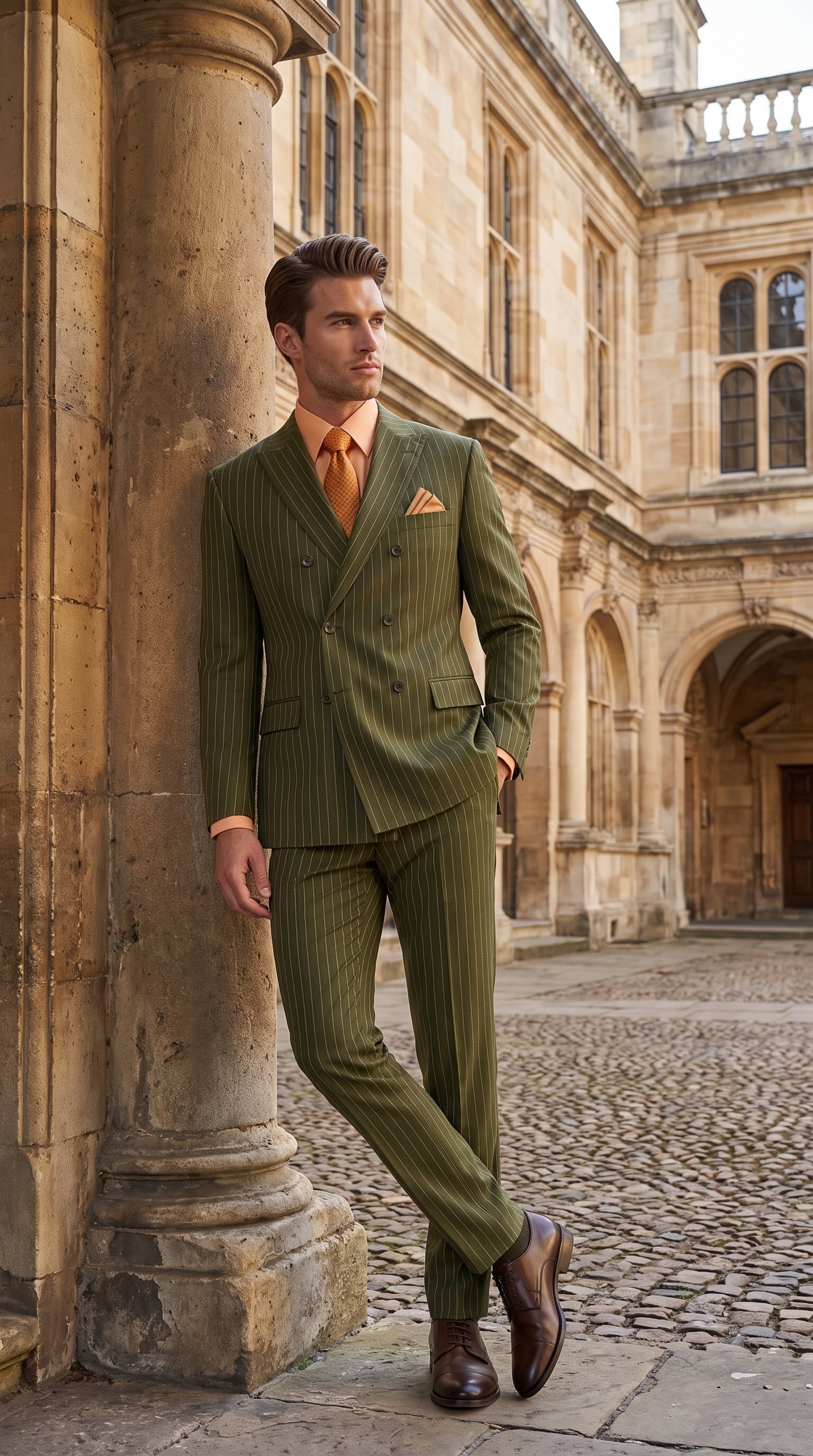 Men’s Olive Green Pinstripe Double-Breasted Suit – Classic Wedding, Business and Formal Suit - 34 Short or Extra Small