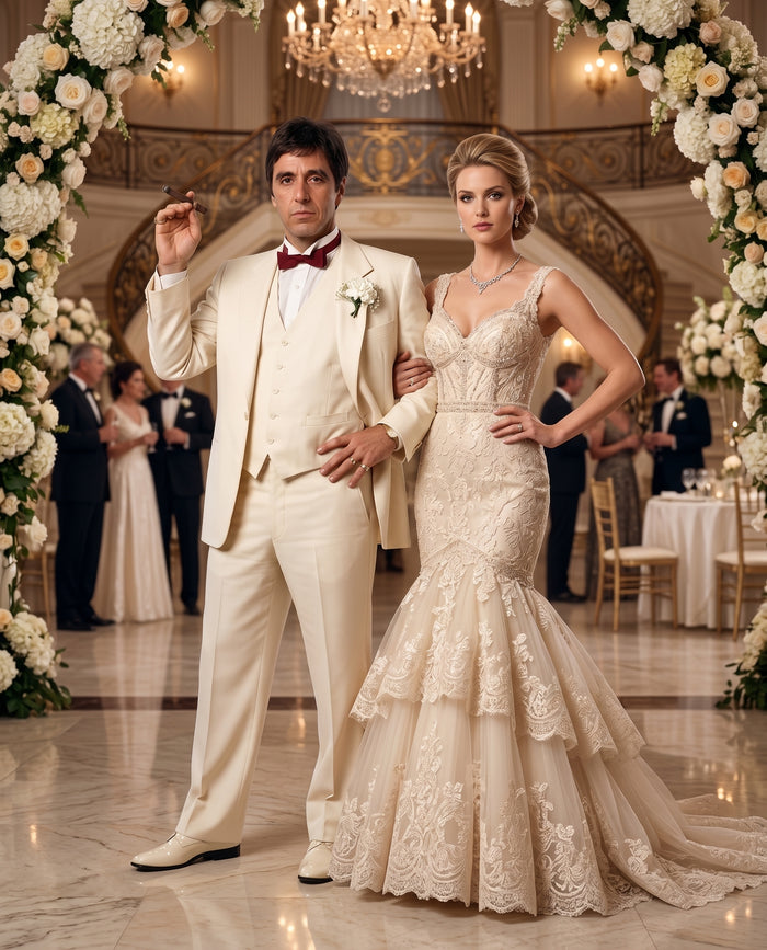 Tony Montana’s Ivory Vested Suit – Classic Ivory 3 Piece Suit for Wedding, Formal and Evening Wear