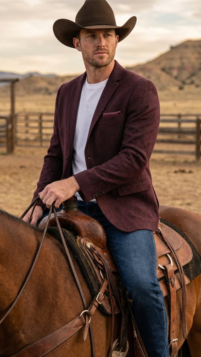 Men’s Burgundy Western  Blazer Jacket, Textured Cowboy Style Sport Coat for  - Tweed Herringbone Maroon Color - 36 Short