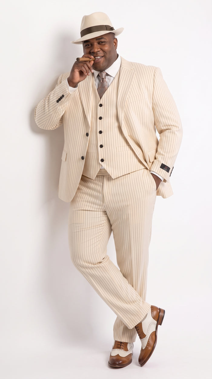 Men’s Ivory Cream Pinstripe 3-Piece Suit – 1920s Gangster Gatsby Wedding and Formal Suit