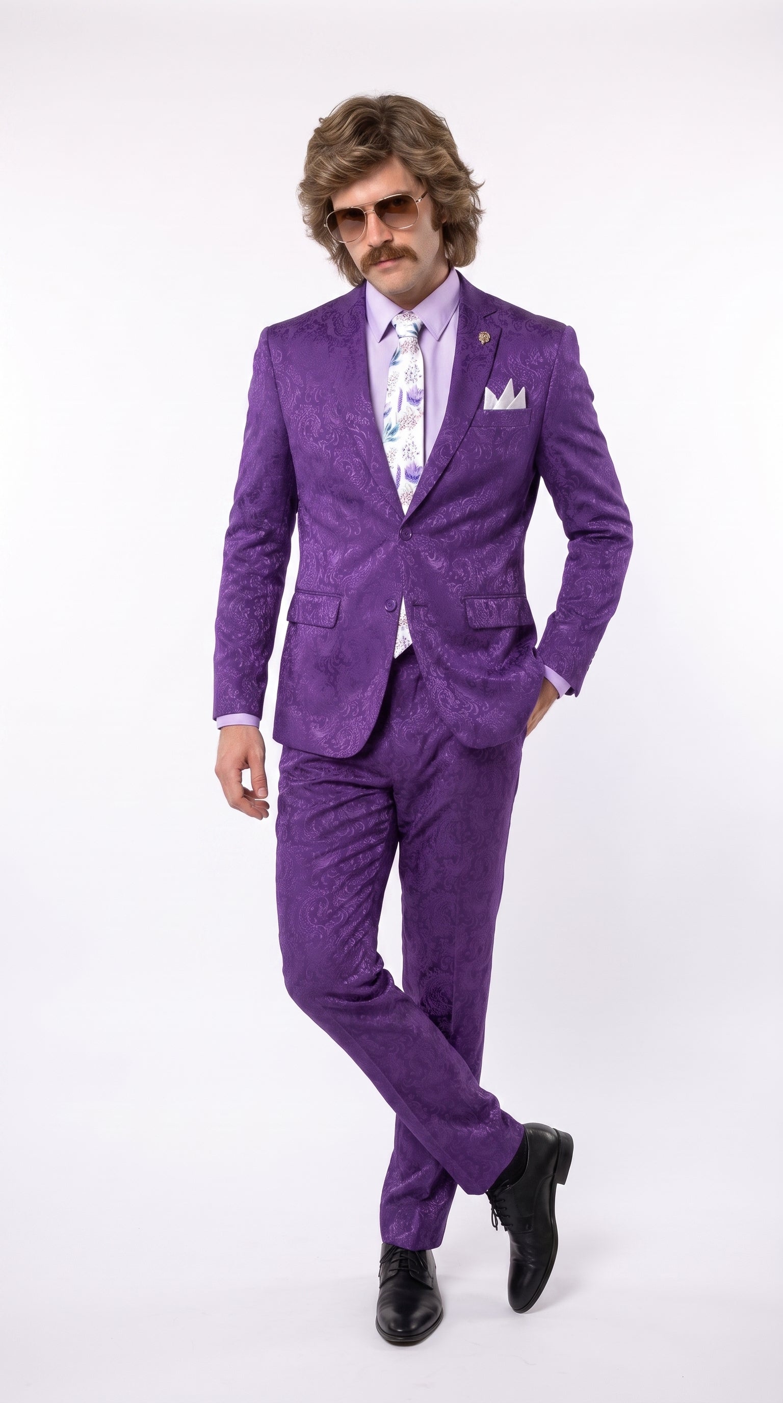 Men’s Purple Paisley 2-Piece Suit – 1970s Disco, Retro Rockabilly, Prom and Party Suit - 34 Short or Extra Small