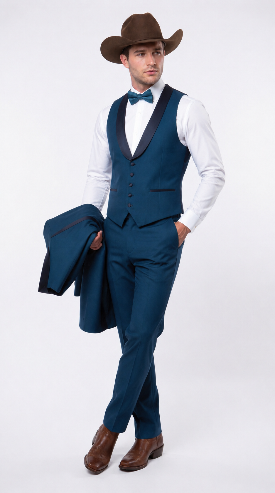Men’s Teal Blue Western Tuxedo Suit, 3 Piece Cowboy Formal Wedding Prom Suit with Black Shawl Lapel Saphire