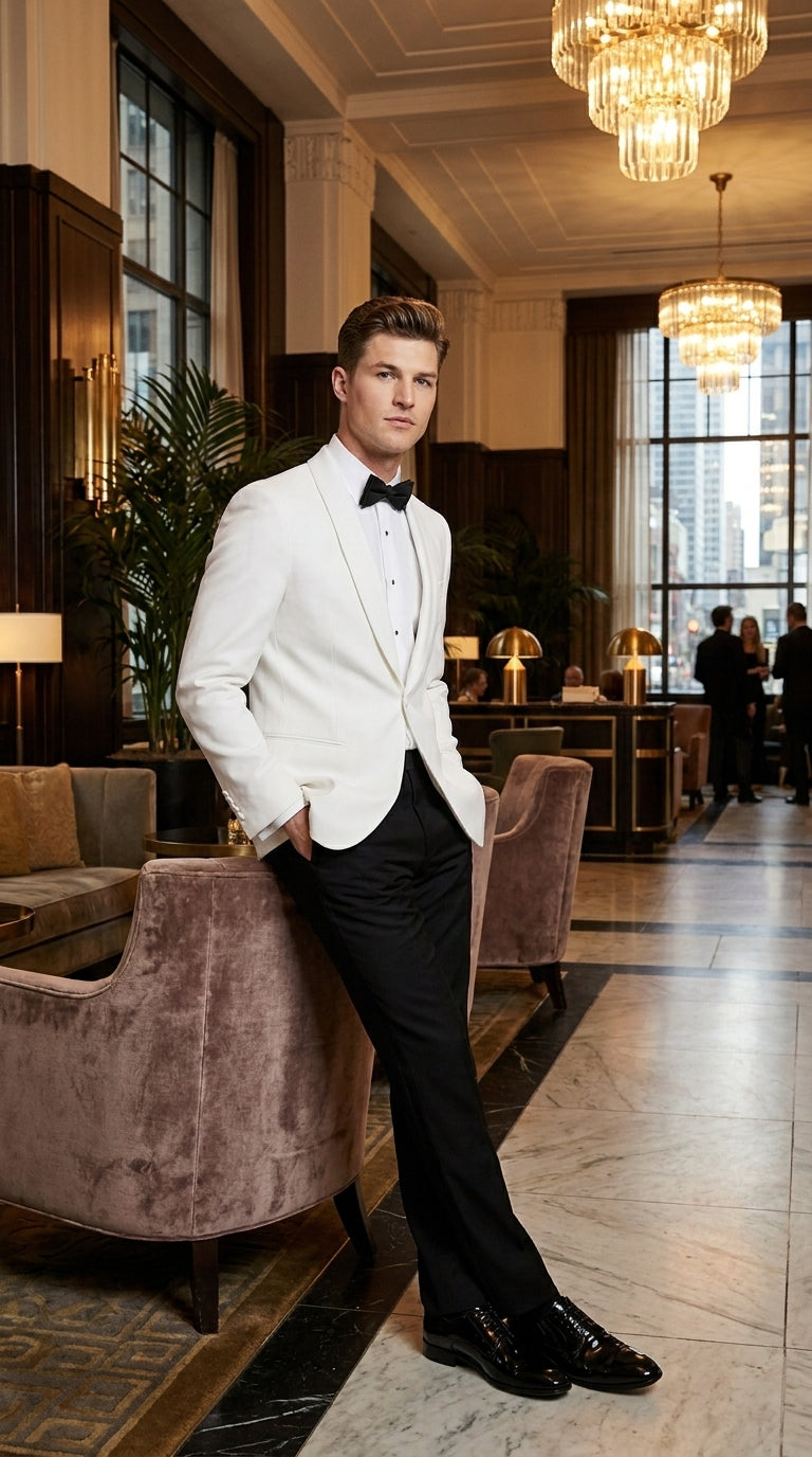 Men’s uniform White Dinner Jacket Tuxedo – Classic White Formal Tuxedo Jacket with Black Pants for Wedding, Prom & Black Tie Events