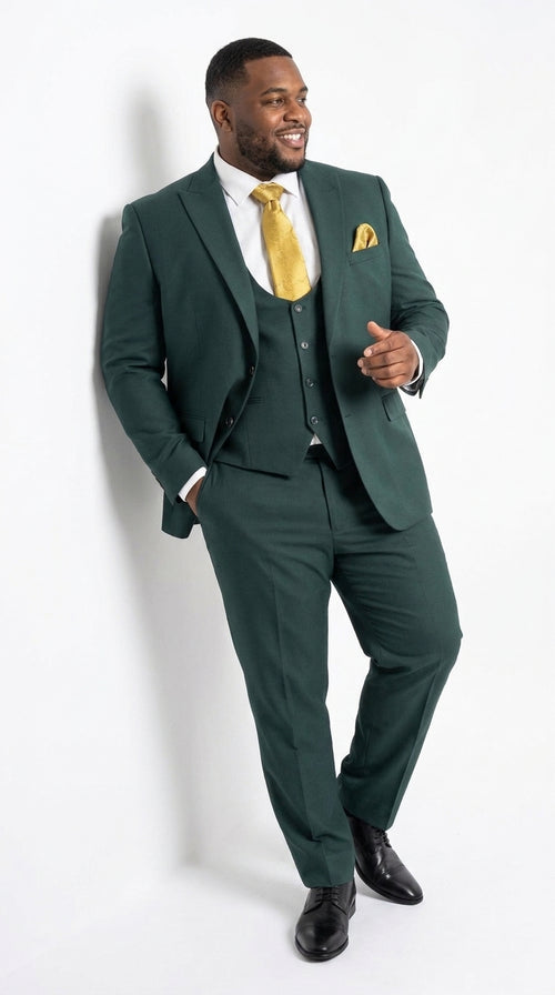 Mens Vitali 3 Piece Suit W/Scoop Vest Hunter Green 3-Piece Suit –, Big Peak Lapel  Vest and Pants  Modern Fit Two Buttons