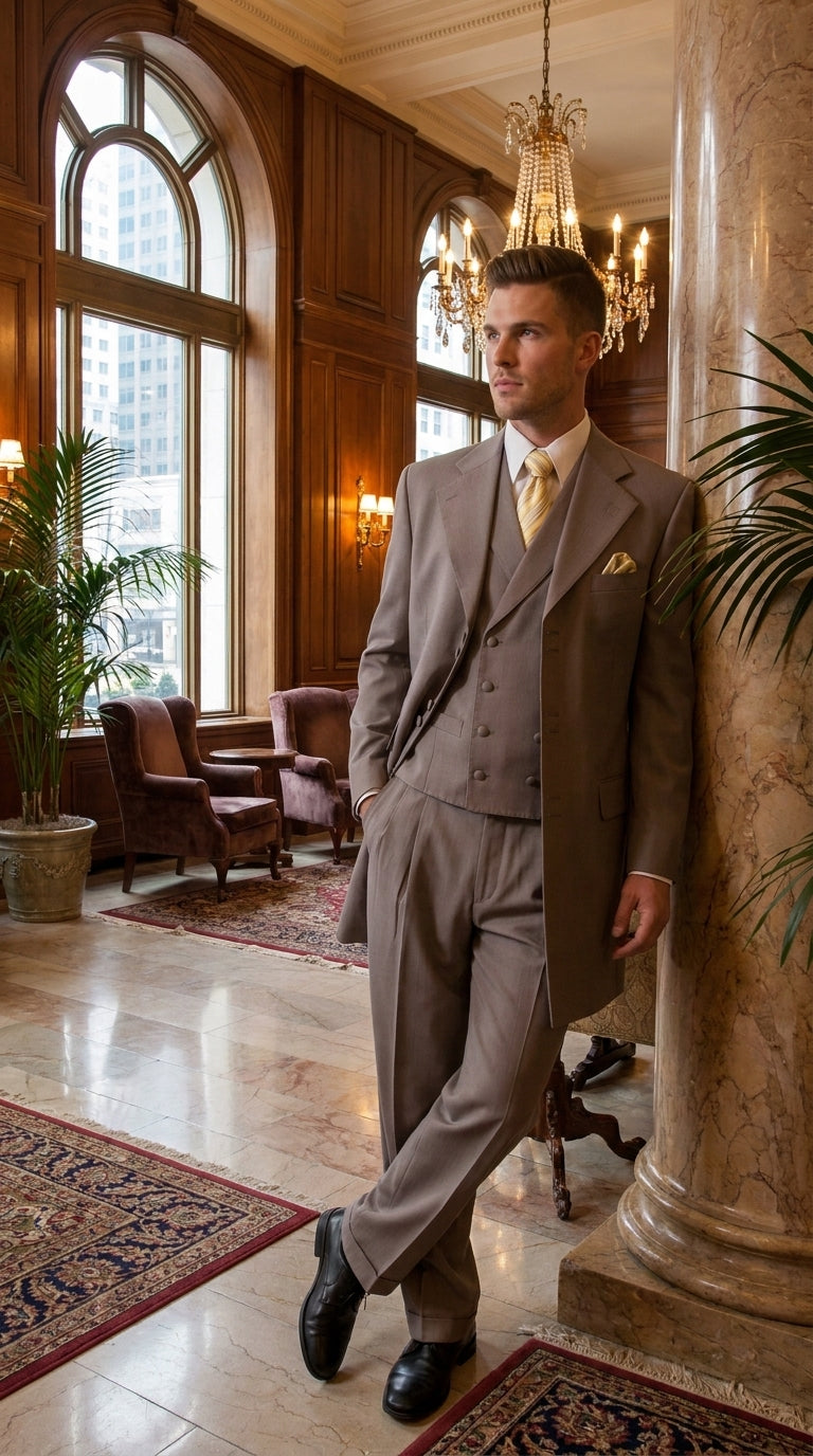 Men’s Light Kahki Sand 3-Piece Suit – Six-Button Jacket with Double-Breasted Vest and Pleated Pants Tan Color - 34 Short or Extra Small