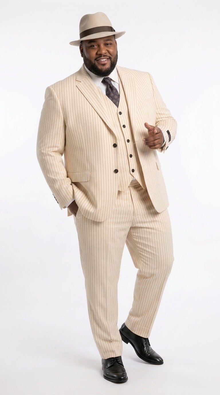 Men’s Ivory Cream Pinstripe Scarface Suit – Vintage Gangster Modern Fit 3-Piece Wedding Suit - 34 Short or Extra Small