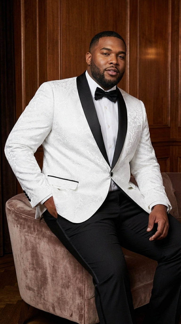 Men’s White Dinner Jacket Disco Blazer 1980s Sequin Style Jacket – Black Lapel Party Blazer, Formal Masquerade Club Wear Paisley Fabric + Bowtie - 34 Short